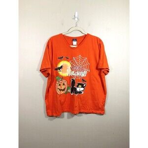 Vintage Womens Happy Halloween Graphic T-Shirt 26/28 Orange 90s Pumpkin Cat Bats